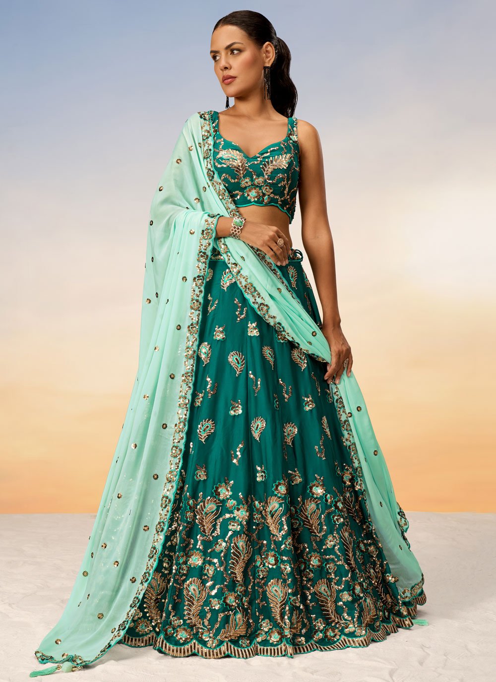 Green Designer Sequins and Coding thread Embroidery Work Bridesmaid Lehenga