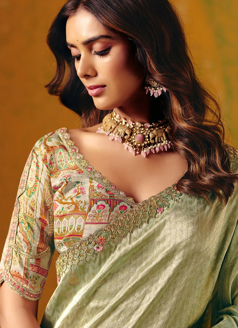 Green Embroidered Silk Saree for Women