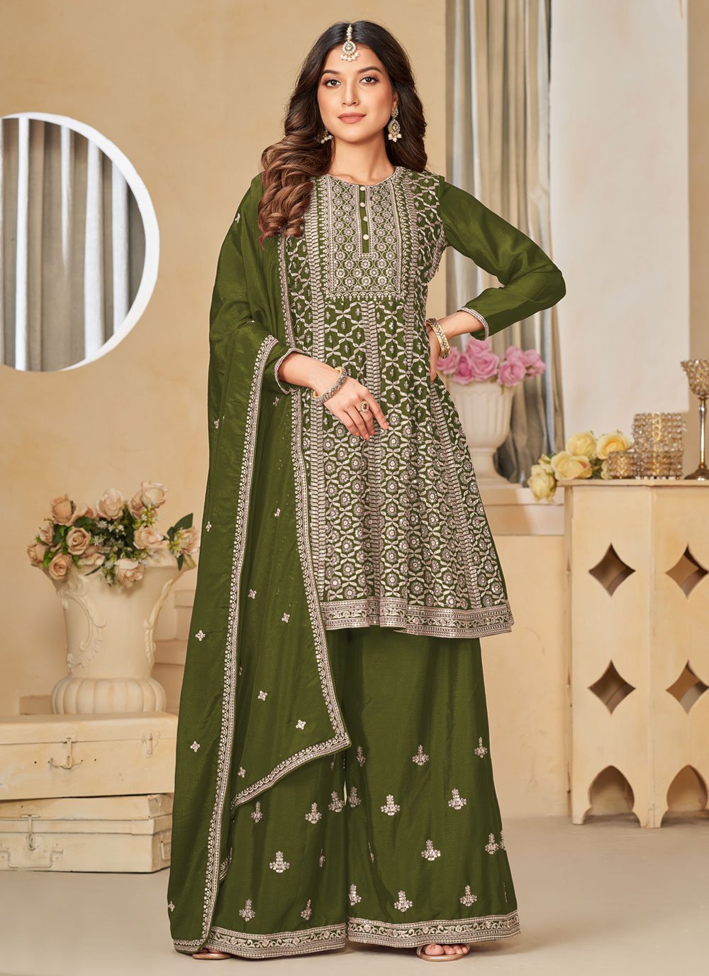 Green Embroidered Chinon Sharara Salwar Suit for Engagement and Wedding