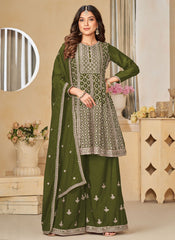 Green Embroidered Chinon Sharara Salwar Suit for Engagement and Wedding