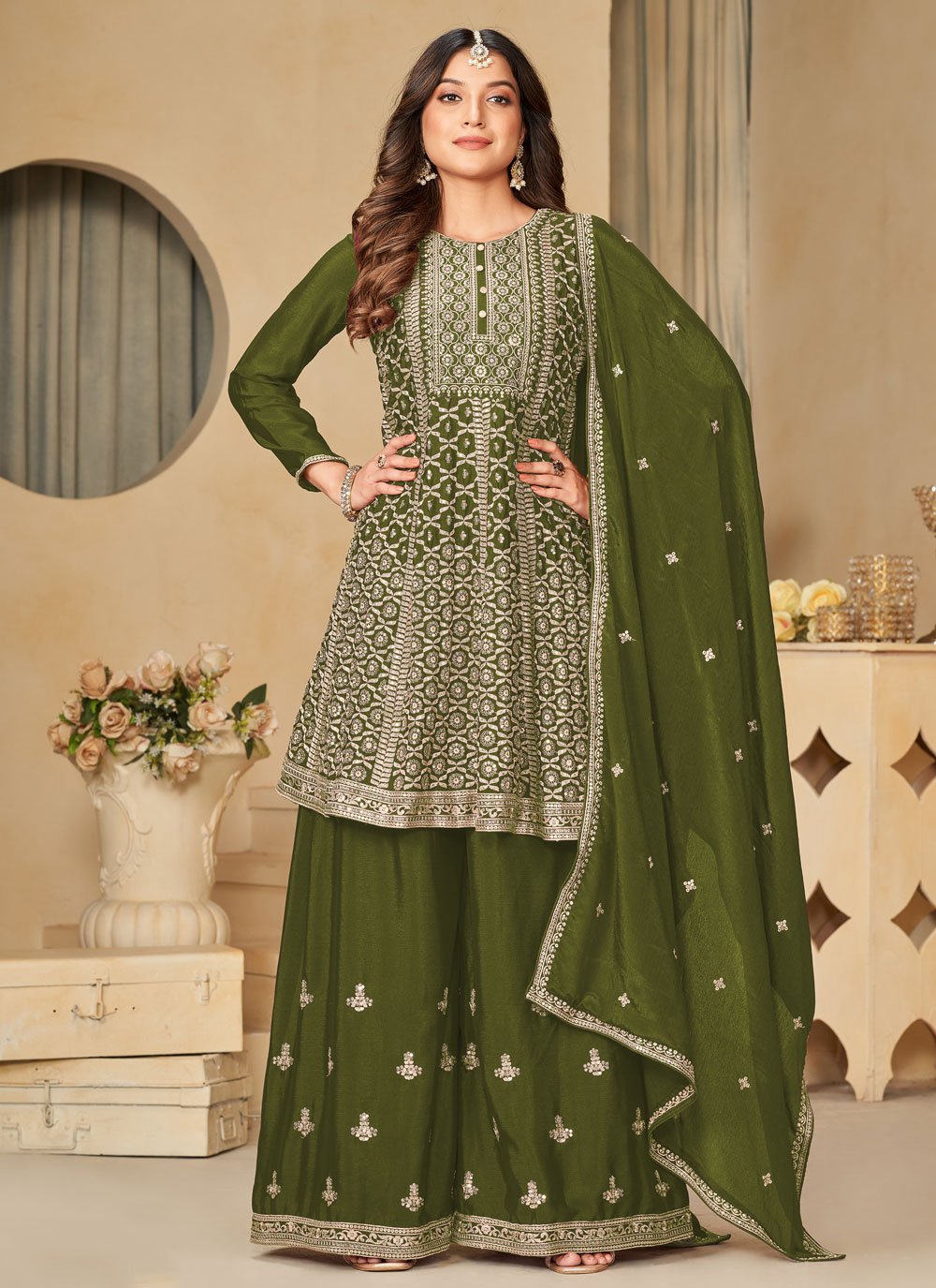 Green Embroidered Chinon Sharara Salwar Suit for Engagement and Wedding