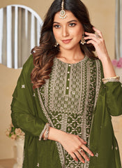 Green Embroidered Chinon Sharara Salwar Suit for Engagement and Wedding