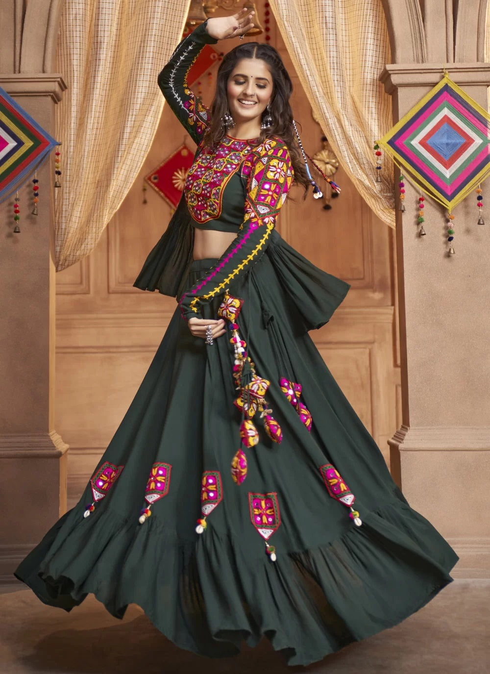 Green Embroidered Navratri Traditional Dress In Rayon