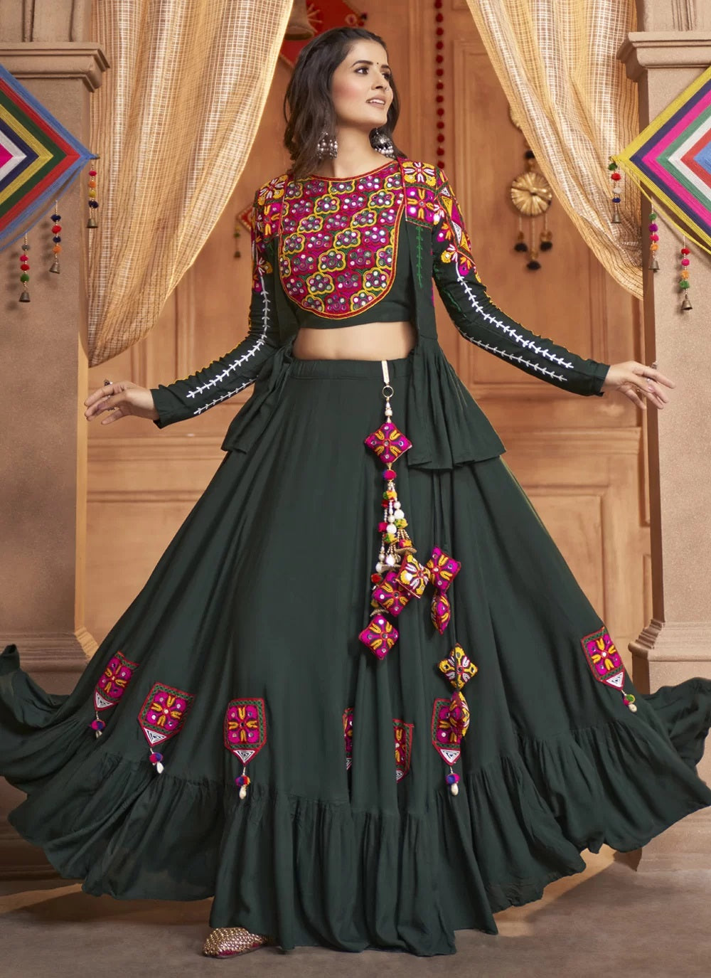 green embroidered navratri traditional dress in rayon 2