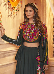 Green Embroidered Navratri Traditional Dress In Rayon