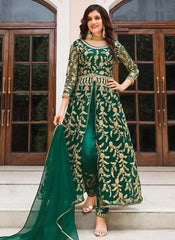 Green Embroidered Net Abaya Style Suit