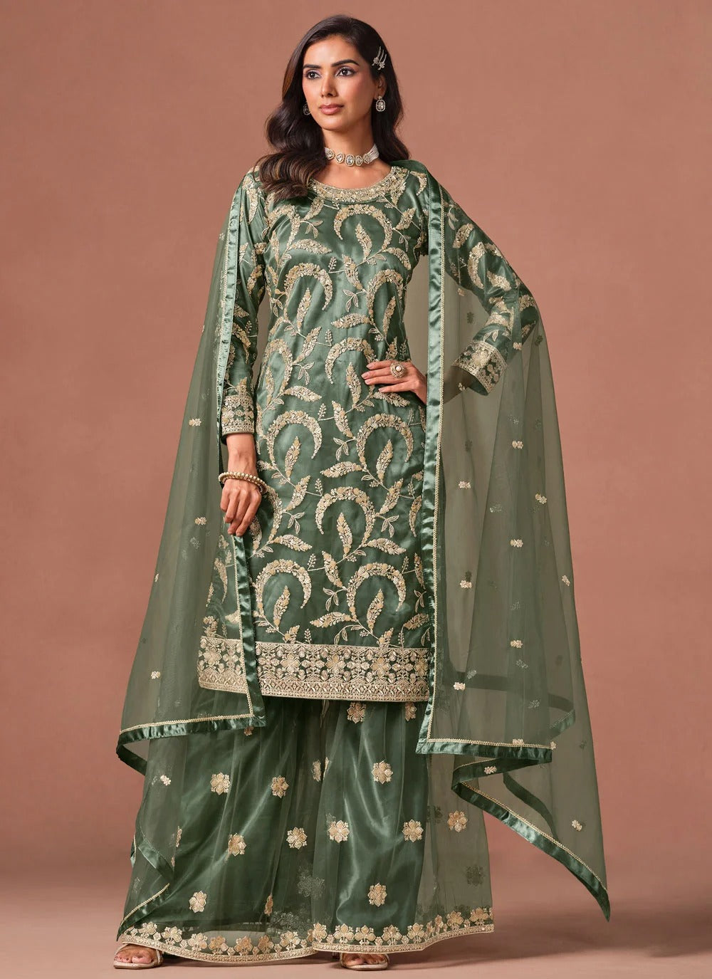 Green net embroidered suit set with matching palazzo bottom and dupatta