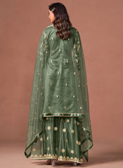 Green party wear palazzo suit with detailed zari and sequins embroidery