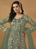 Green Embroidered Pant Style Suit In Net