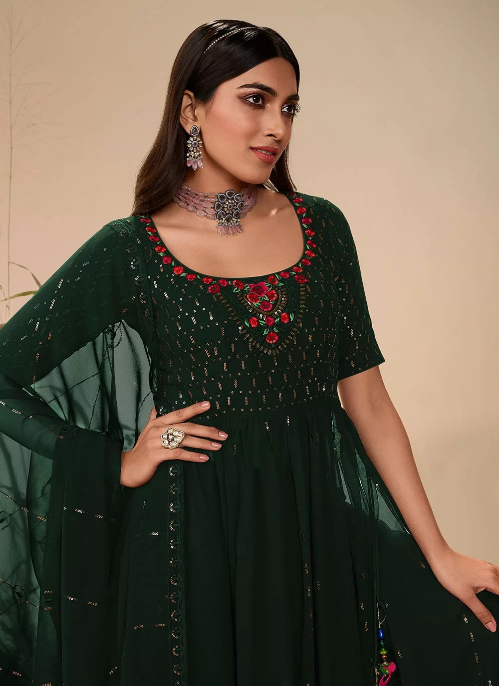 Green Embroidery georgette Party Wear Palazzo Suit