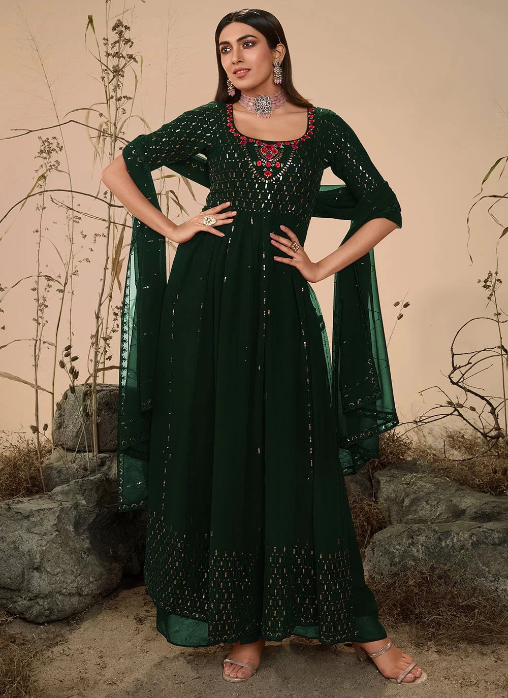 Green Embroidery georgette Party Wear Palazzo Suit