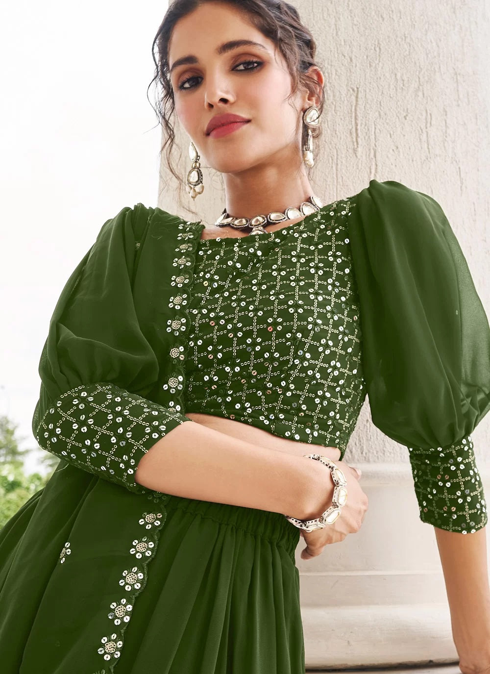 Green Faux Georgette Embroidered Readymade Lehenga