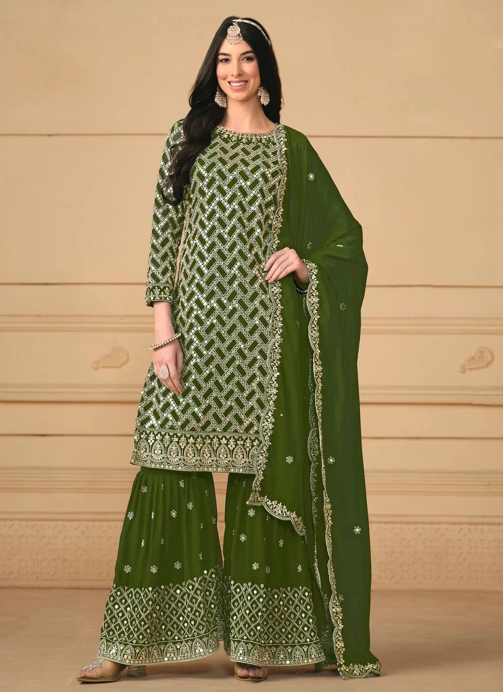 Green Faux Georgette Foil embroidered Palazzo Suit