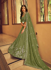 Green Faux Georgette Indian Party Wear Lehenga with Viscose Thread & Sequins Embroidery Work