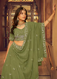 Green Faux Georgette Indian Party Wear Lehenga with Viscose Thread & Sequins Embroidery Work