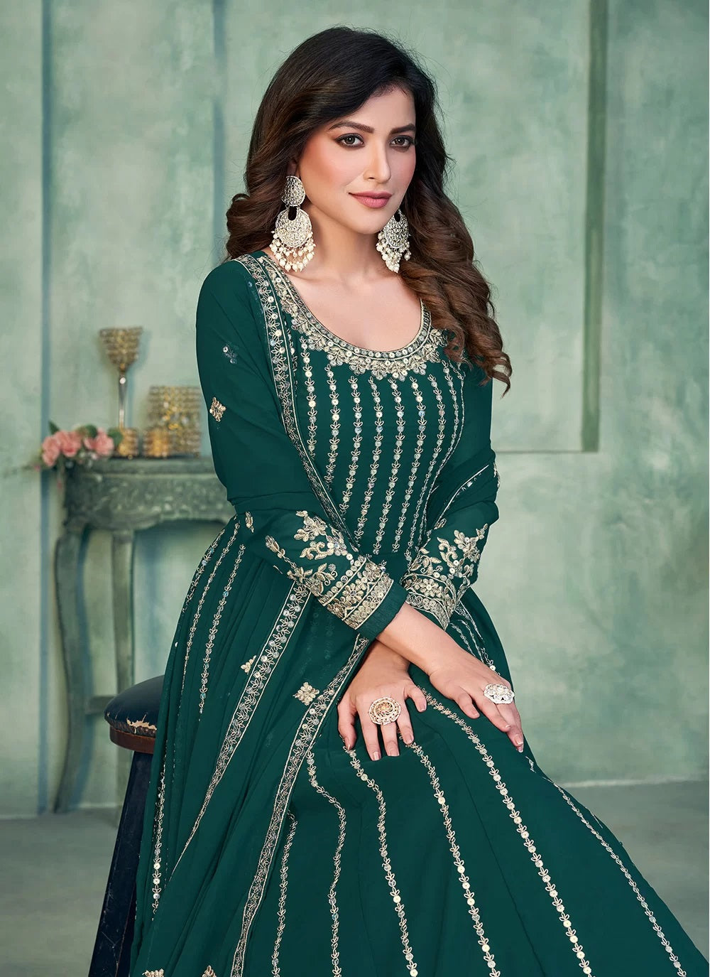 Green Faux Georgette Sequins Work Anarkali Suit