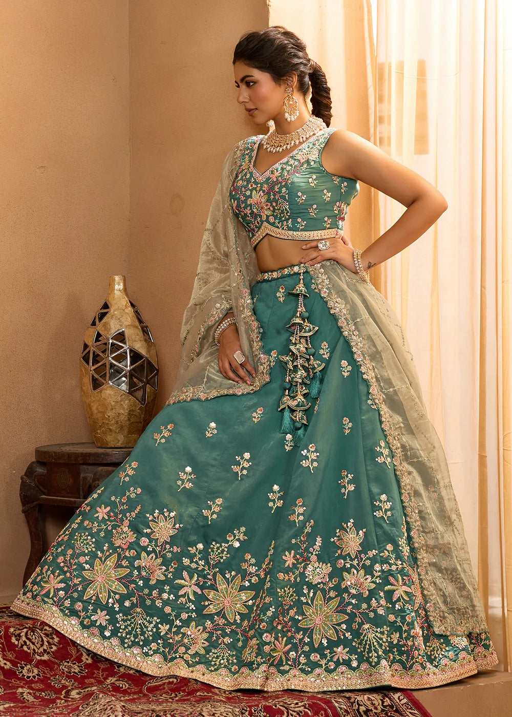 Green Georgette Designer Lehenga with Sequins Embroidery