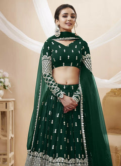 Green Georgette Indian Lehenga With Sequins and Zari embroidery