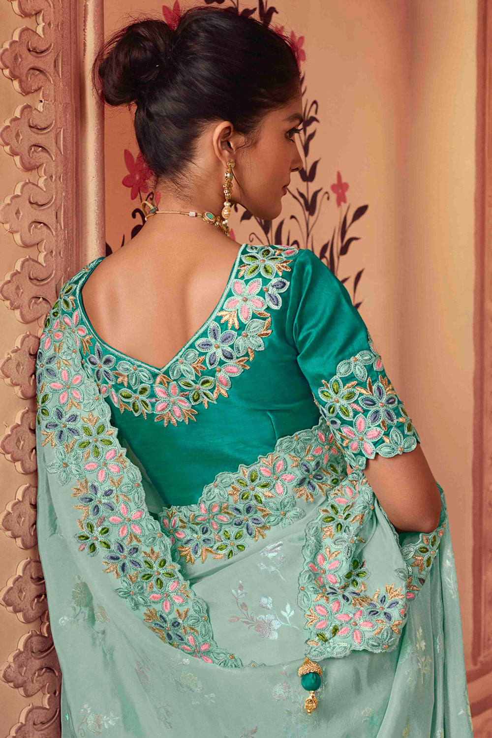 Green Indian Wedding wear Stone Work Saree in Viscose Silk