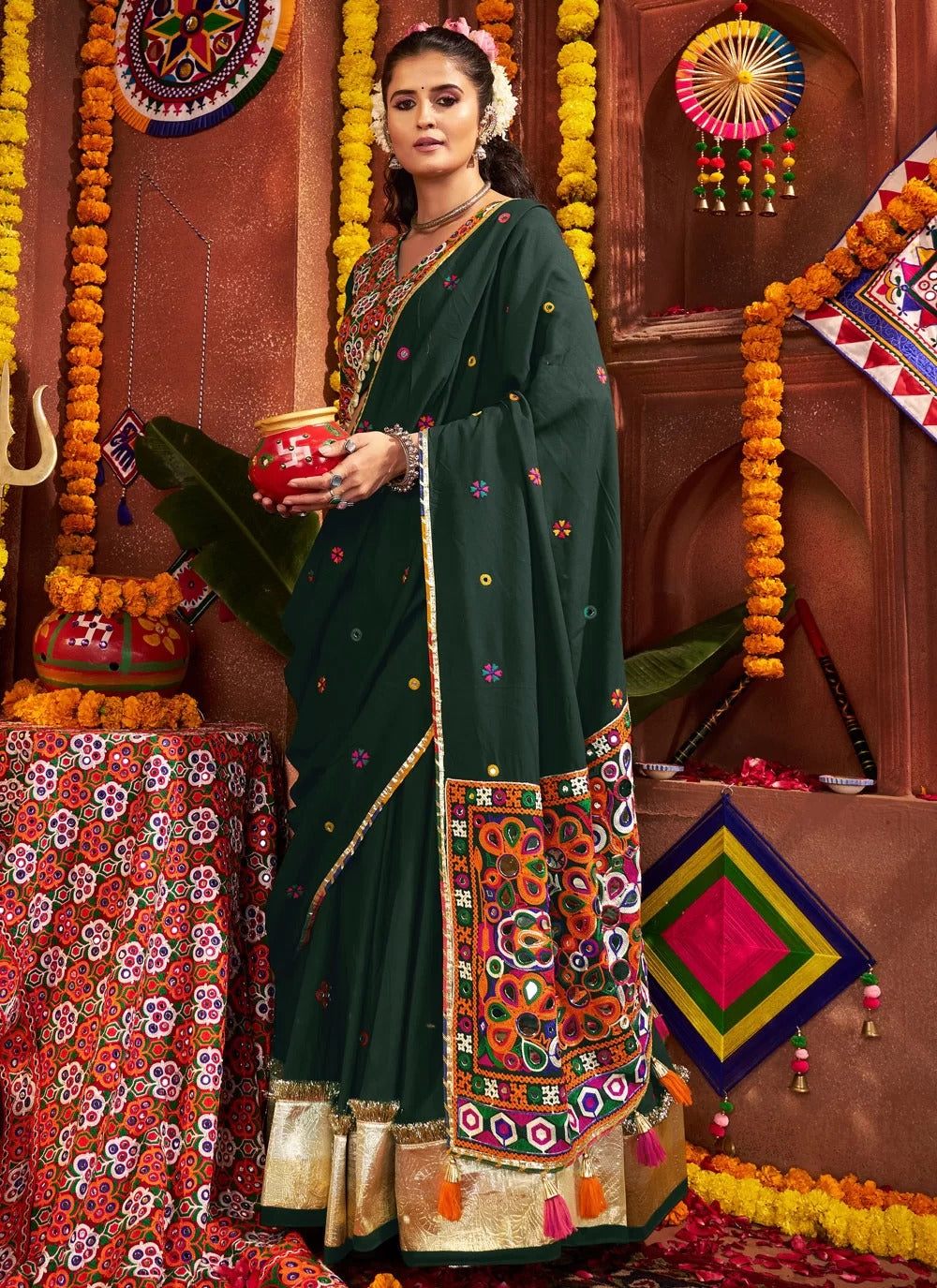 Green mirror work viscose cotton lehenga choli with dupatta for Navratri Garba, featuring kutchi embroidery and tassel detailing