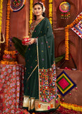 Green mirror work viscose cotton lehenga choli with dupatta for Navratri Garba, featuring kutchi embroidery and tassel detailing