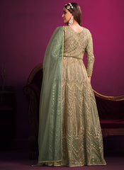 Green Net Sequins Embroidered Anarkali Suit For Women