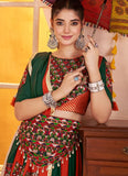 Green kutchi patchwork blouse with mirror embroidery close-up