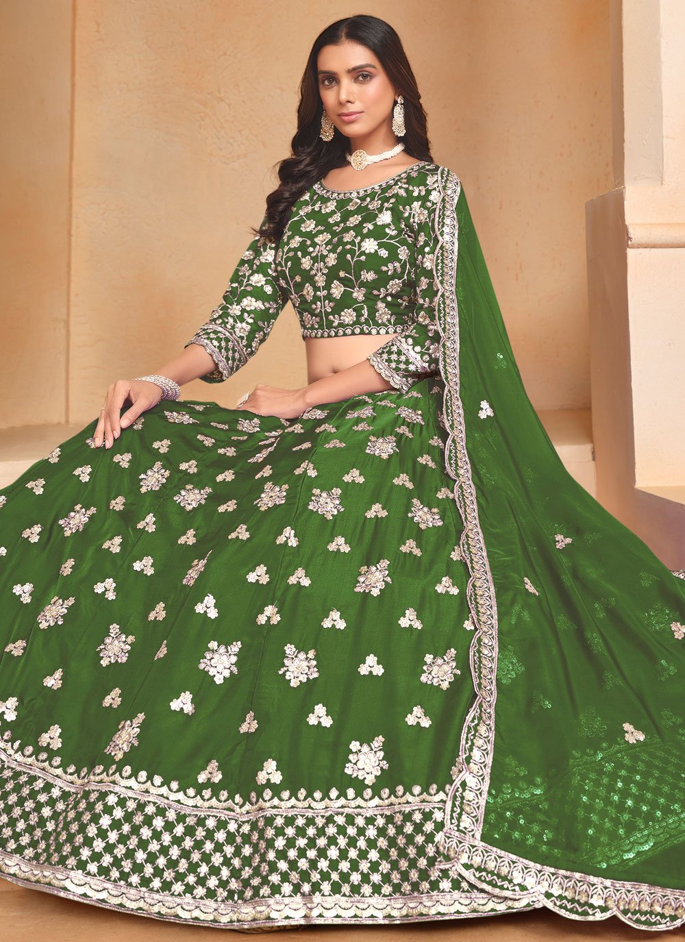 Stylish green party wear lehenga for women