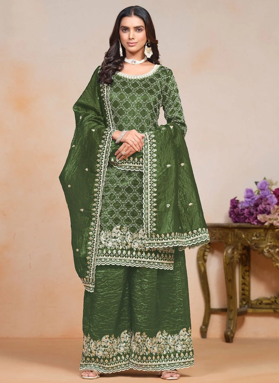 Green Gold Crush palazzo salwar suit for women