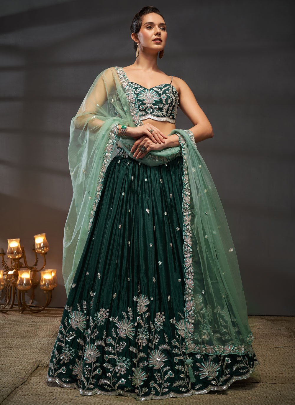 Green Poly Chiffon Lehenga for Reception Party