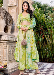 Green Printed Silk Palazzo Style Readymade Suit