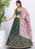 Green Pure Chiffon Designer Wedding Lehenga with Sequins Embroidery