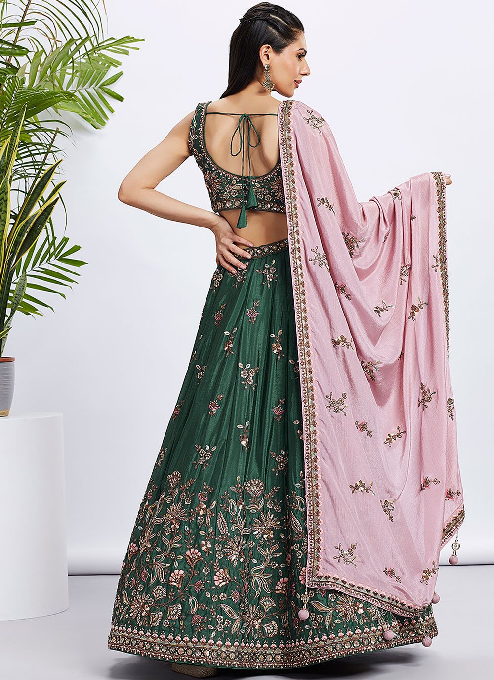 Green Pure Chiffon Designer Wedding Lehenga with Sequins Embroidery