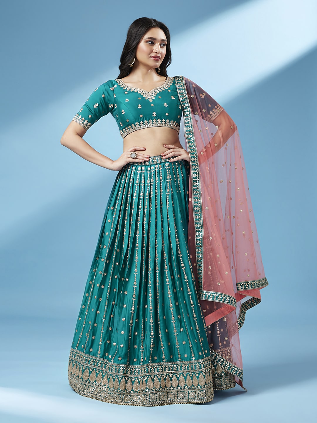 Green Pure Georgette Sequins Embroidered Semi Stitched Lehenga