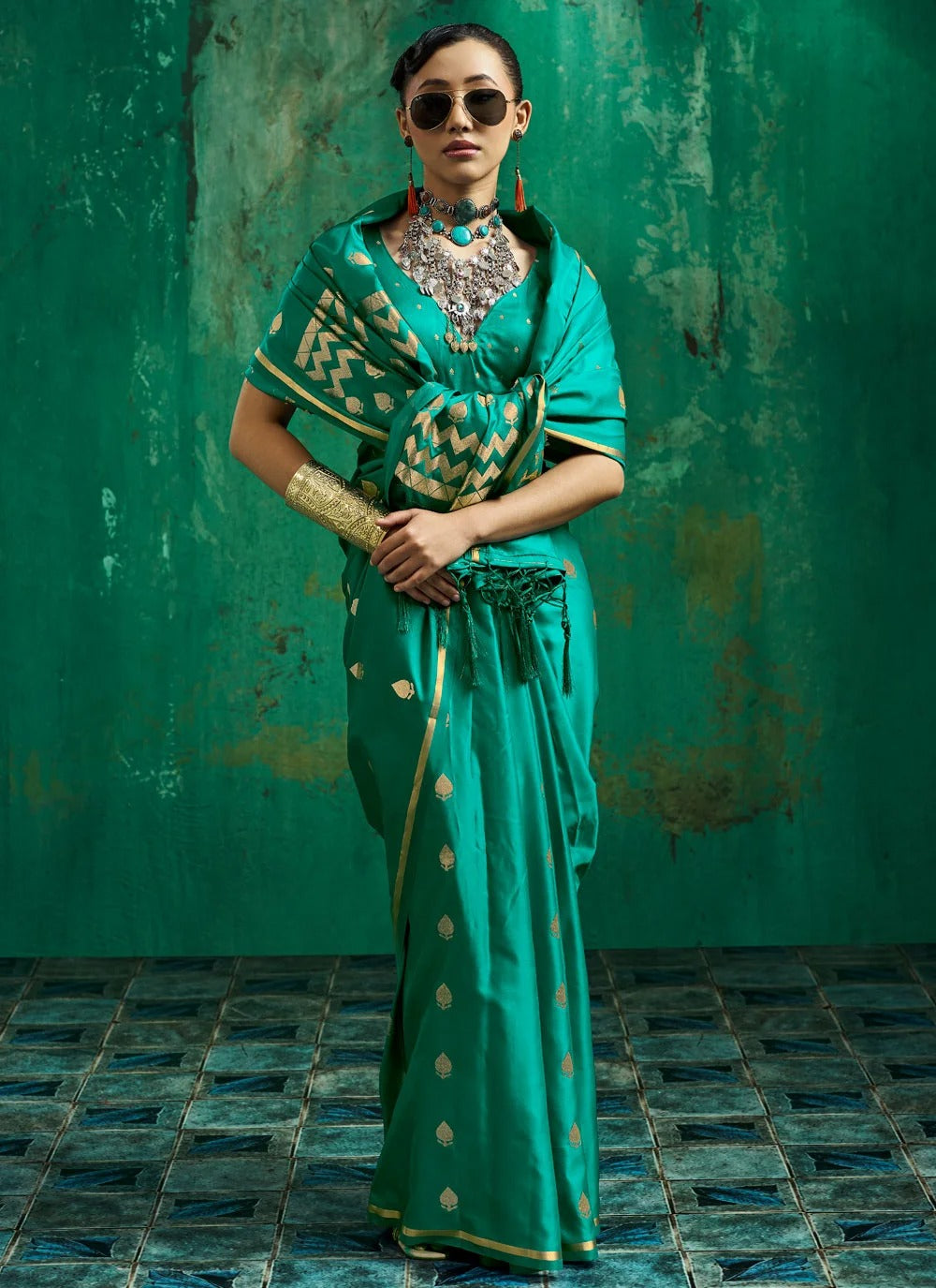 Alluring green saree for women in pure satin with coordinated blouse