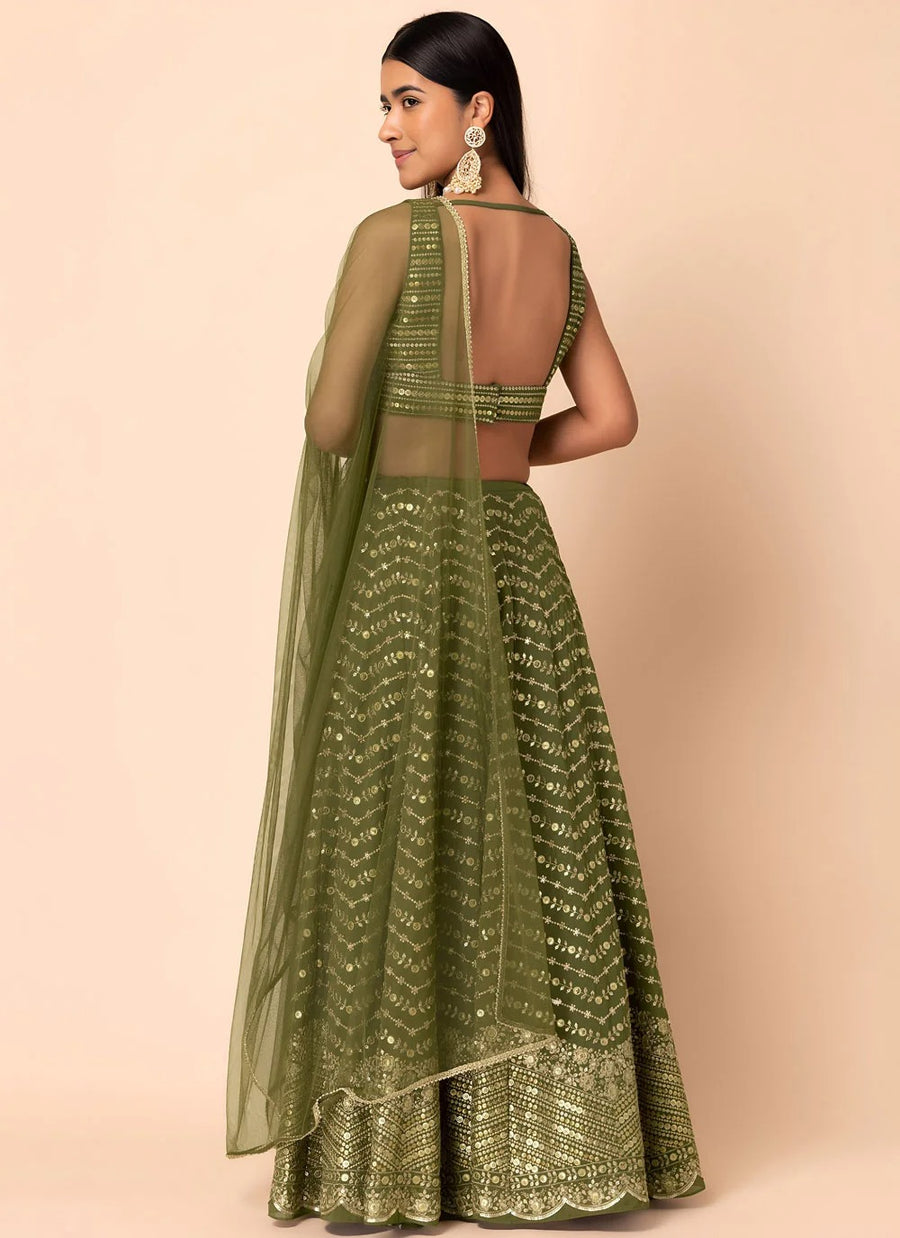 Green georgette lehenga for ring ceremony