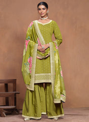 Green Roman Silk Sharara Suit with Gota Patti and Organza Dupatta