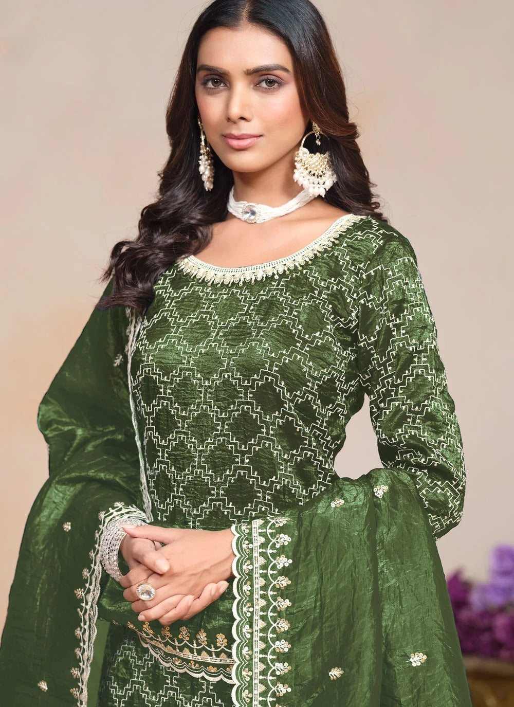 Green ethnic palazzo suit stitched up to 48 inches
