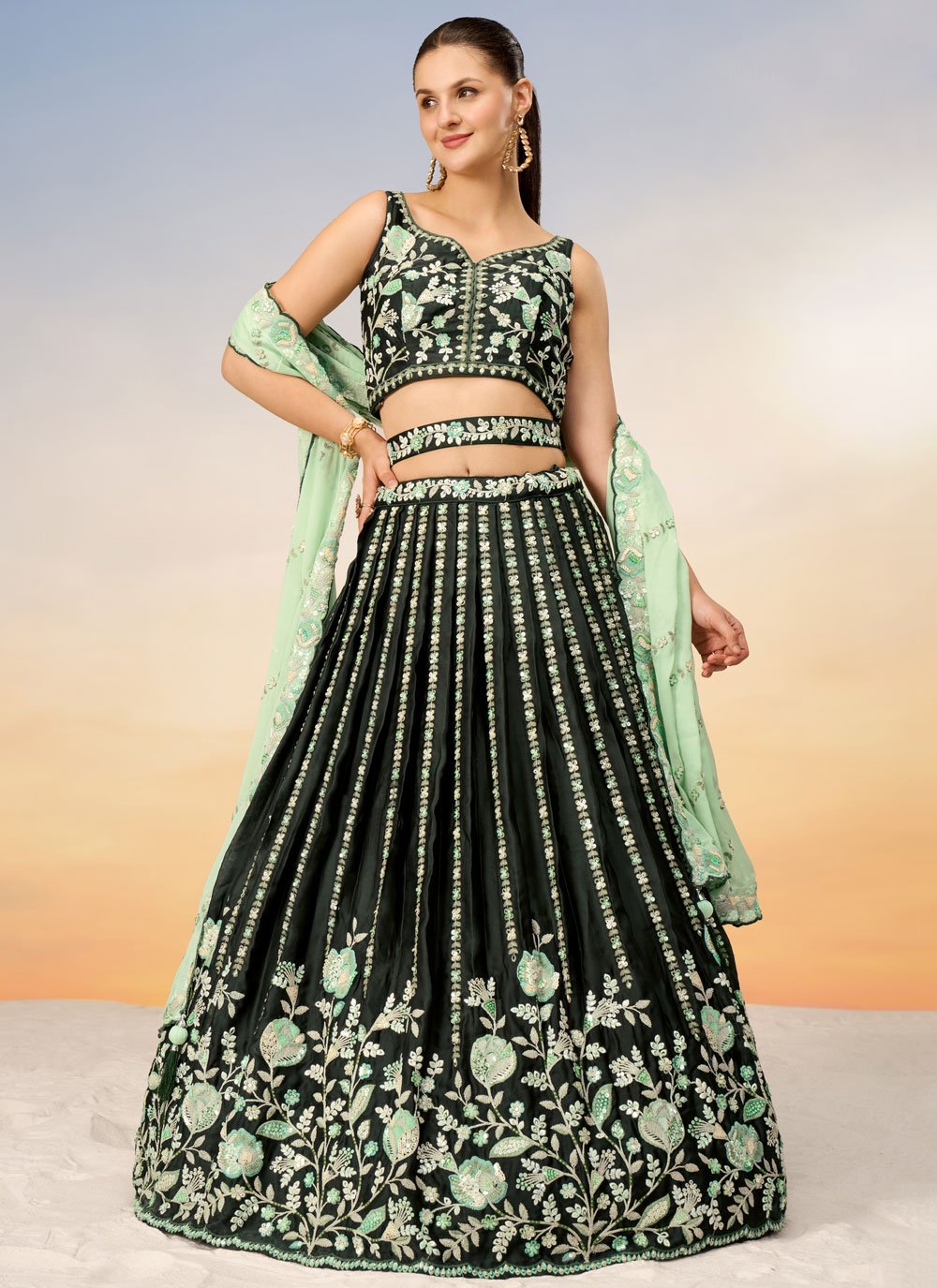 Green Satin Elegant Engagement Lehenga with Sequins Embroidery