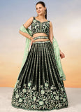 Green Satin Elegant Engagement Lehenga with Sequins Embroidery