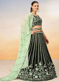 Green Satin Elegant Engagement Lehenga with Sequins Embroidery