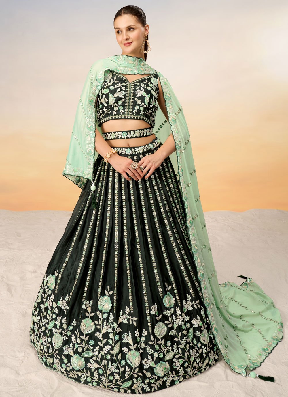 Green Satin Elegant Engagement Lehenga with Sequins Embroidery