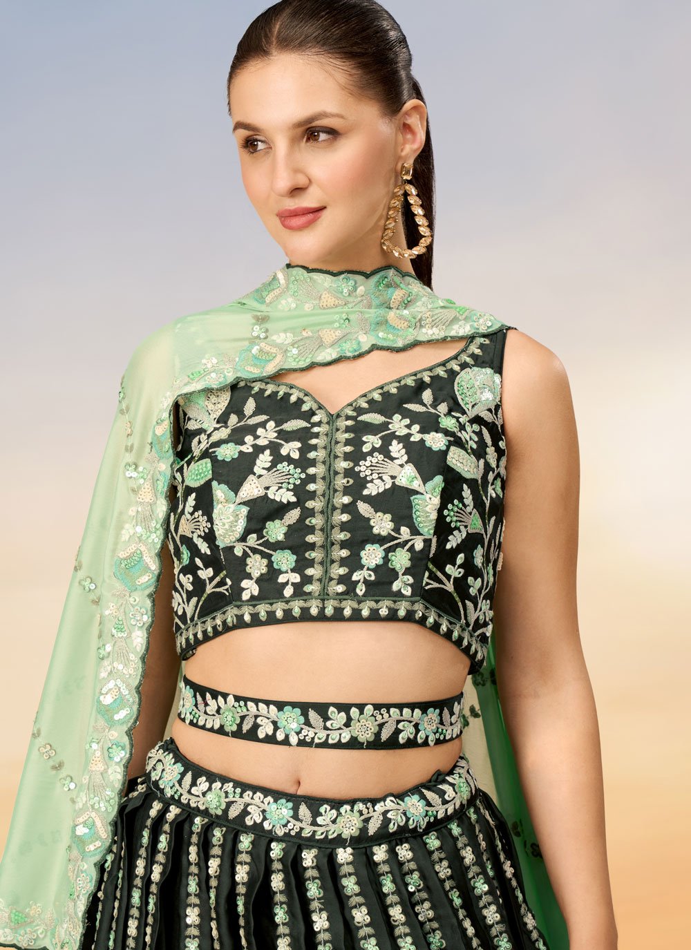 Green Satin Elegant Engagement Lehenga with Sequins Embroidery