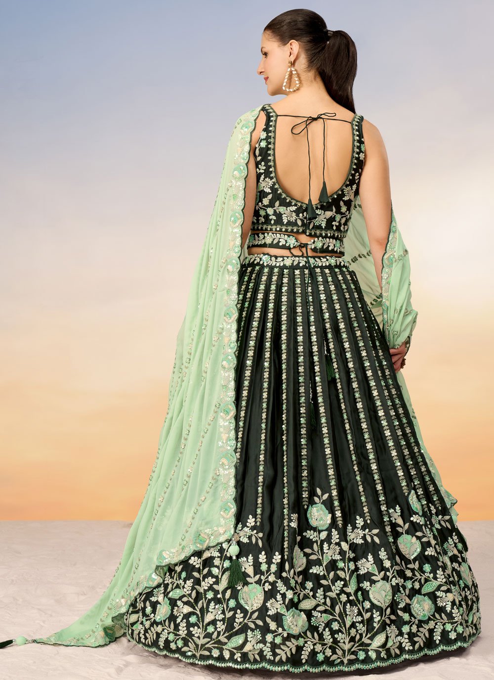 Green Satin Elegant Engagement Lehenga with Sequins Embroidery