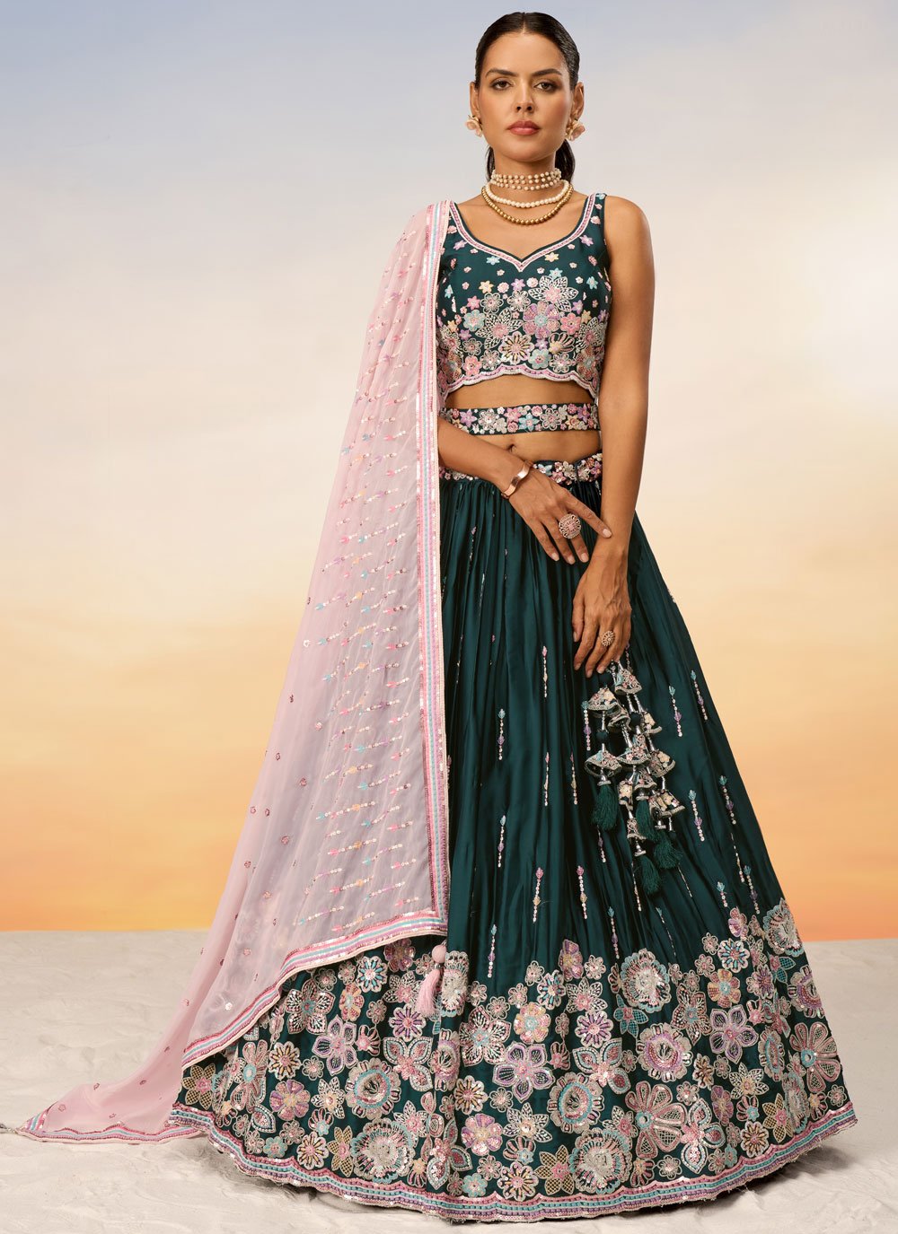 Green Satin Sequins and Thread Work Designer Wedding Lehenga