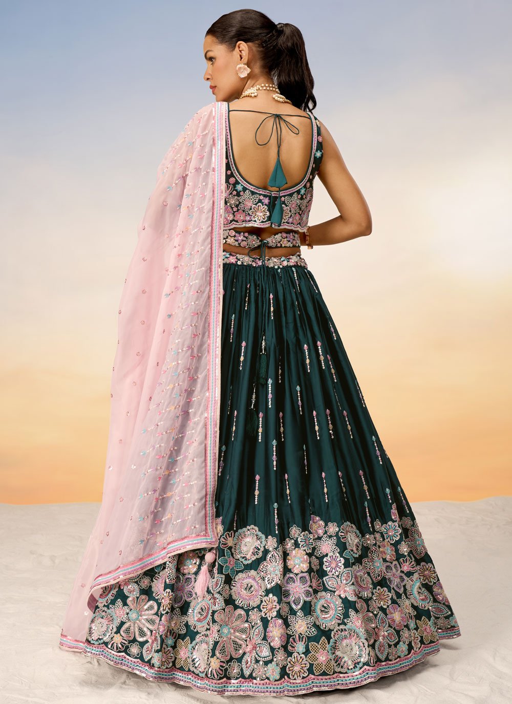 Green Satin Sequins and Thread Work Designer Wedding Lehenga