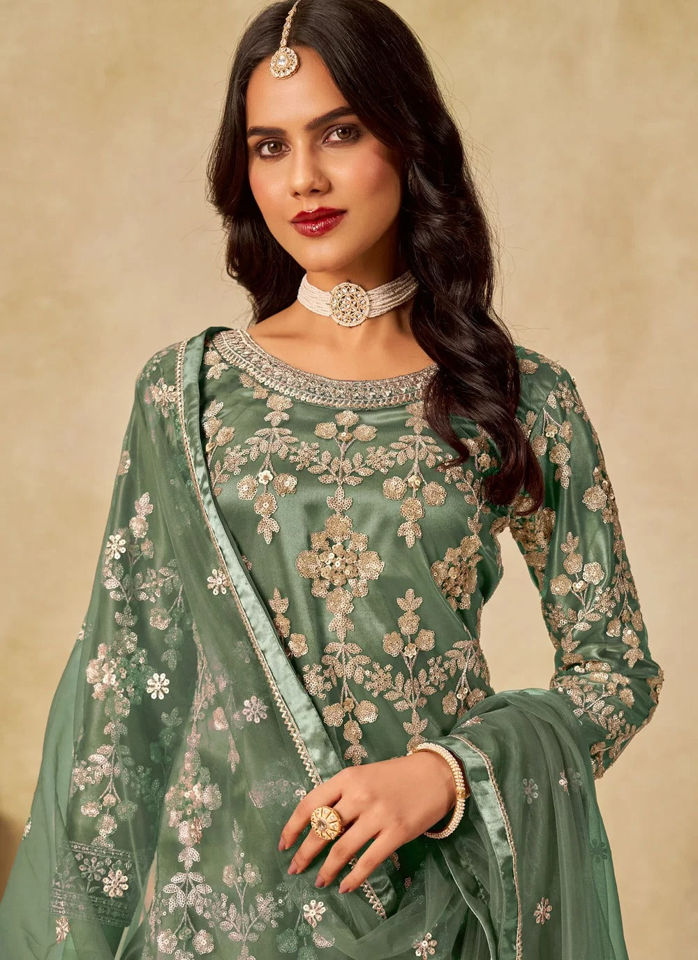 Green Sequins Embroidered Net Sharara Suit with Satin Inner – Stylish Festive & Party Wear Outfit