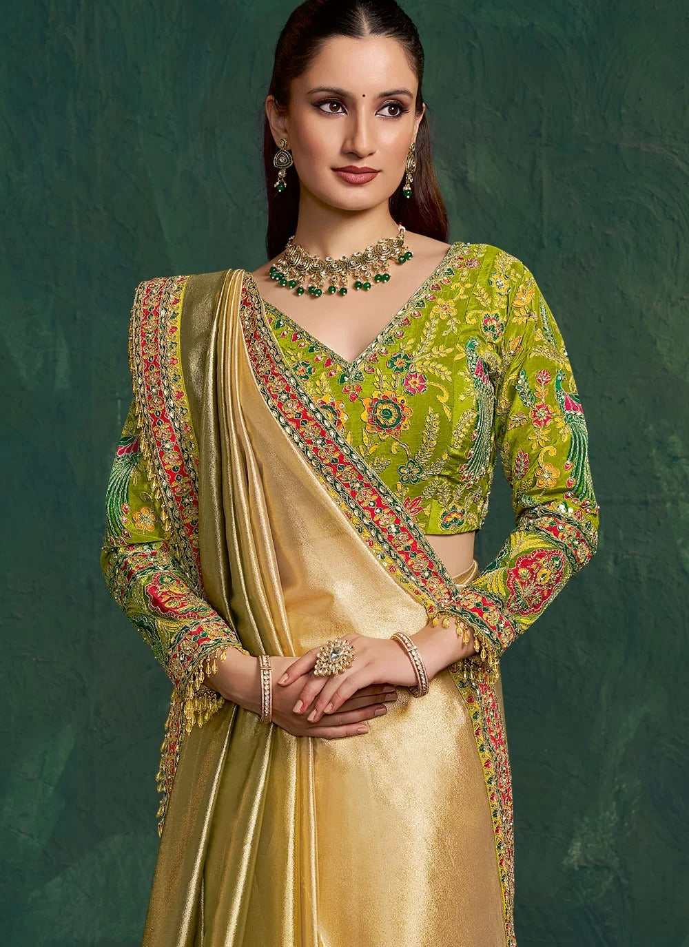 Green Shaded Wedding Wear Saree | Kora Zari Tissue Silk