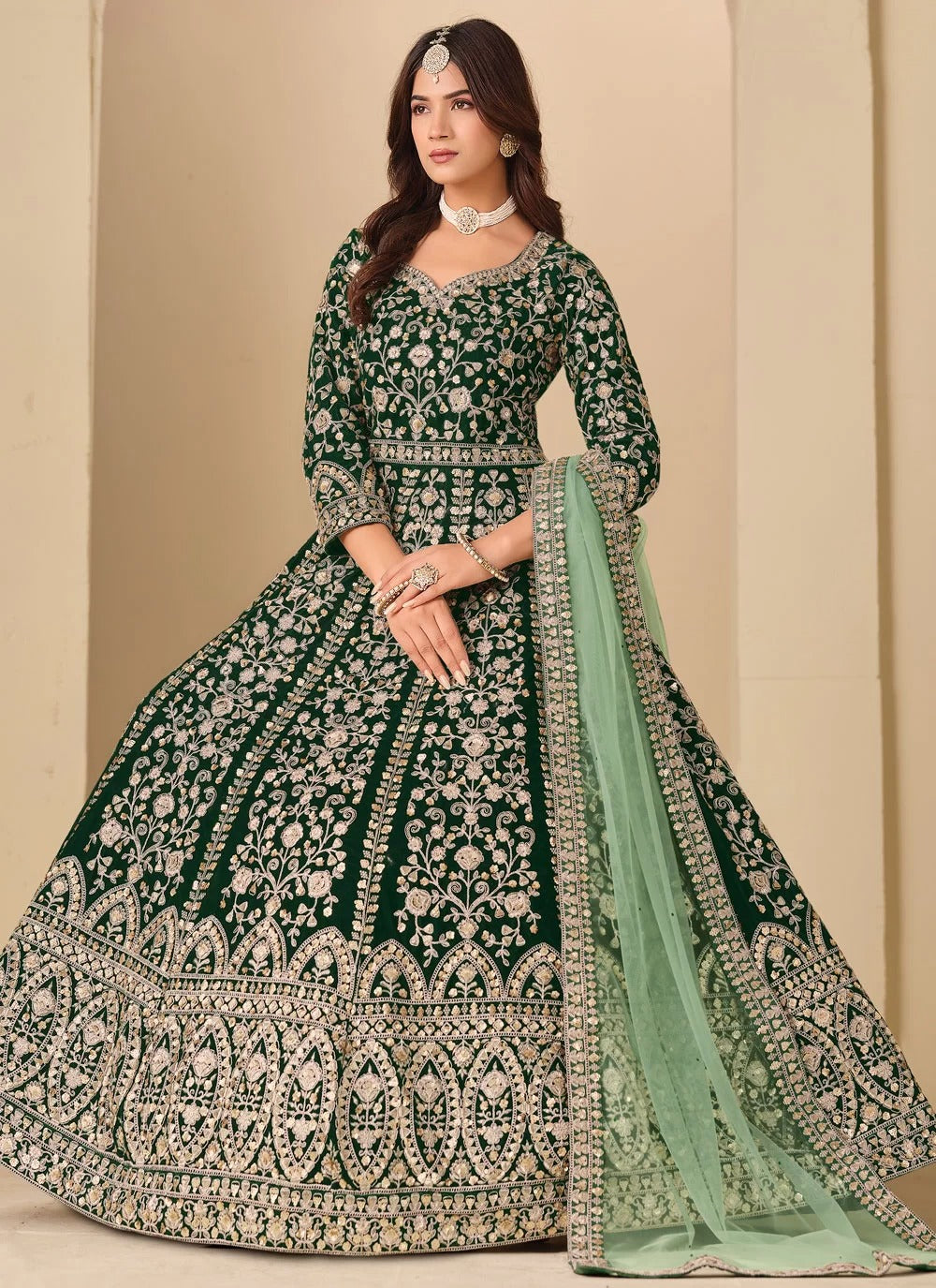 green velvet abaya style anarkali suit with front and back embroidery