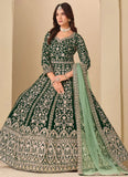 green velvet abaya style anarkali suit with front and back embroidery